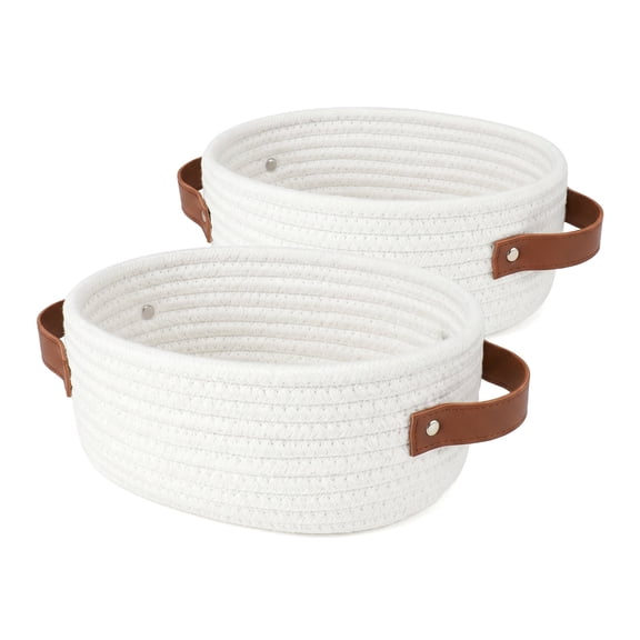 2 Pack Small Cotton Rope Storage Basket, Woven Oval Decorative Basket Empty Gift Basket, White