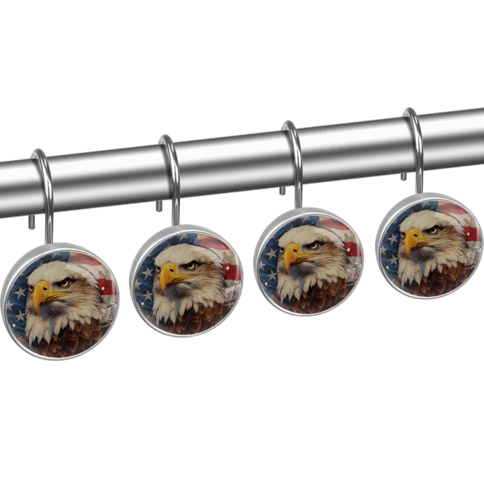 Eagle and American Flag Shower Curtain Hooks （Set of 12） for Home Hotel Shower Rods Bathroom Crystal Glass Print Stainless Steel Round Curtain Hooks