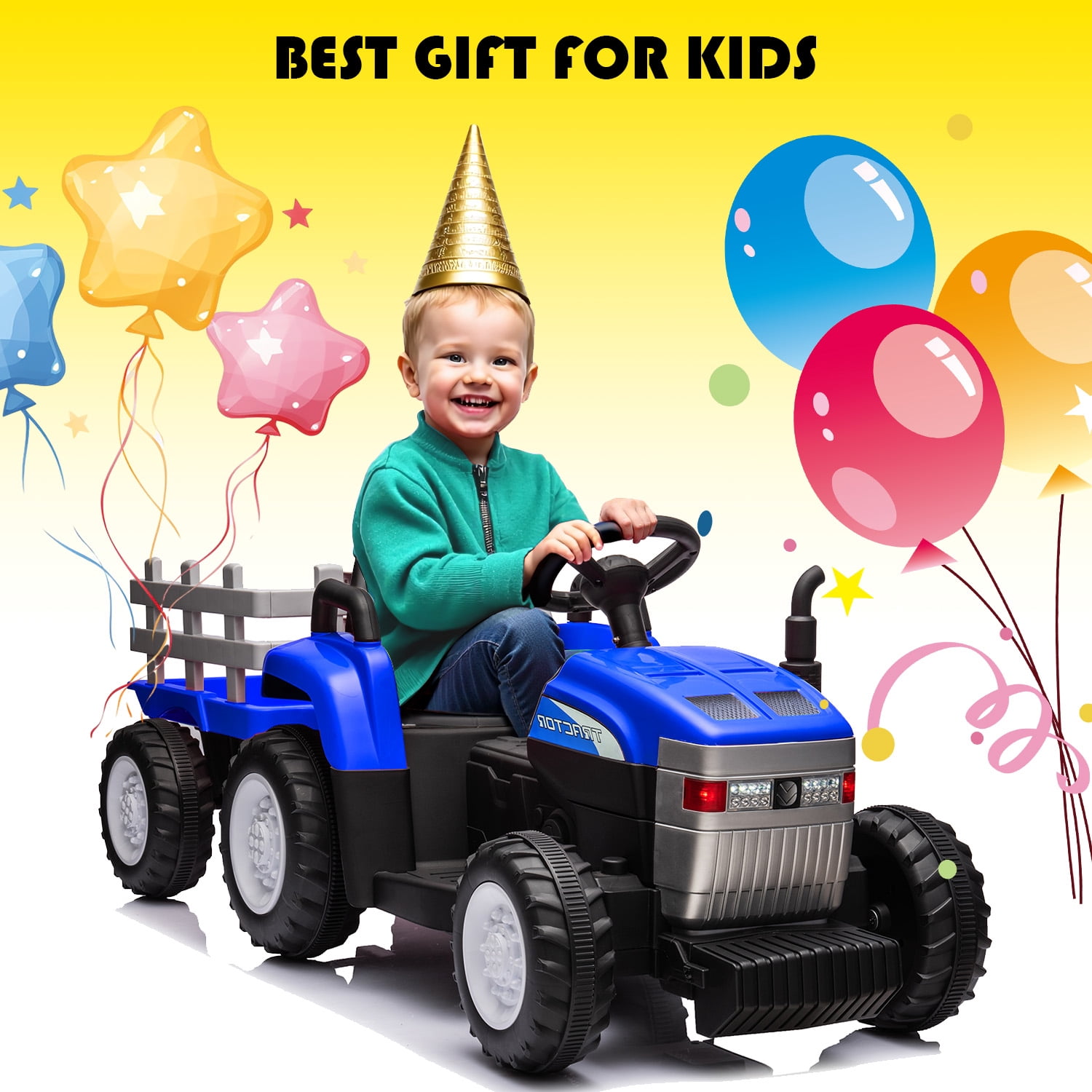 XCLOUD 12V Toy Tractor with Trailer, Remote Control, Kids' Electric Excavator Vehicles with 2x35W Dual Motor, Treaded Tires, LED Lights, USB, Music, Blue