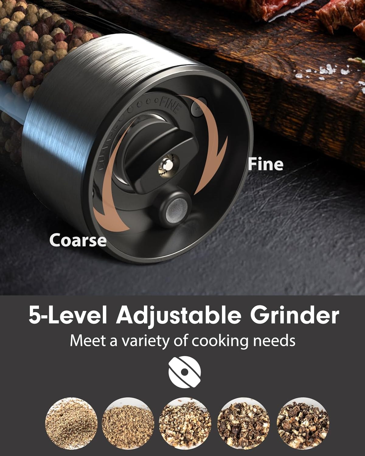 Tomeem Salt and Pepper Shaker Set with LED Lights and Salt Grinder Refillable with 6 Adjustable Coarseness Electric Salt and Pepper Grinder Set