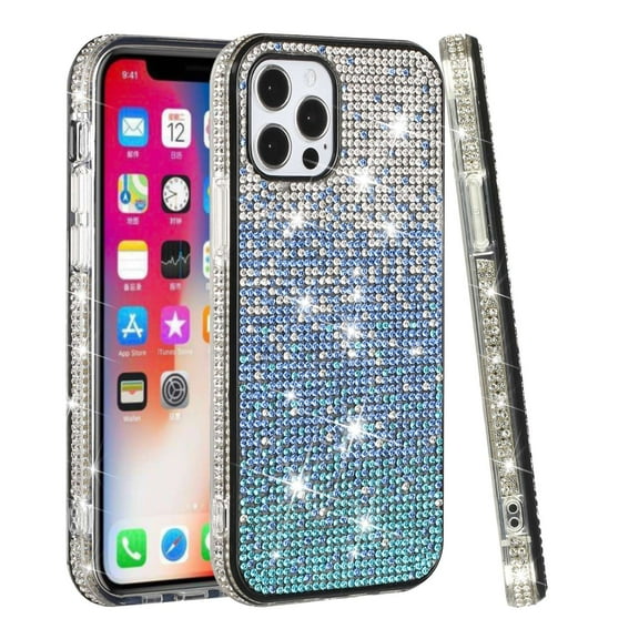 Bemz Sparkling Case for iPhone 15 Plus, Diamond Glitter Gem Bling Hybrid Protector Cute Women Girls Cover (Blue Silver Wave)