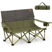 Gymax Oversized Camping Chair Folding Loveseat Camping Couch w/ Cup Holders & Padding Green