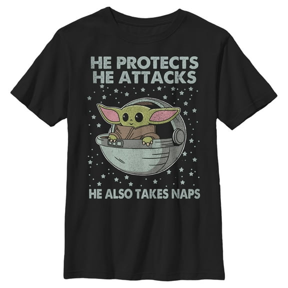 Boys' Husky Star Wars: The Mandalorian The Child Protects Attacks Naps  Graphic Tee Black Small