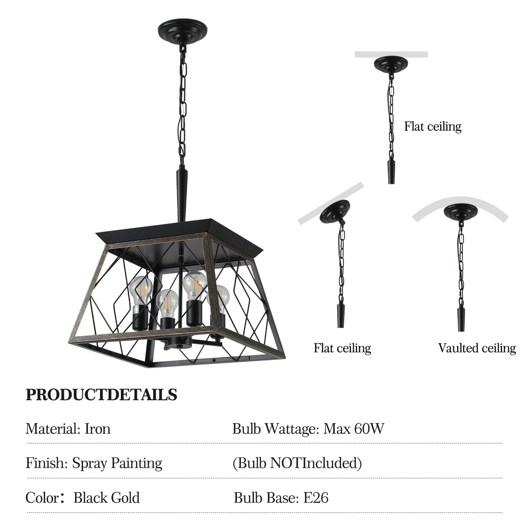 Jopath 16" Industrial 4-Light Pendant Chandelier, Modern Metal Cage Design, Adjustable Hanging Light for Dining Room, Kitchen, Living Room Black+Gold (No Bulbs)