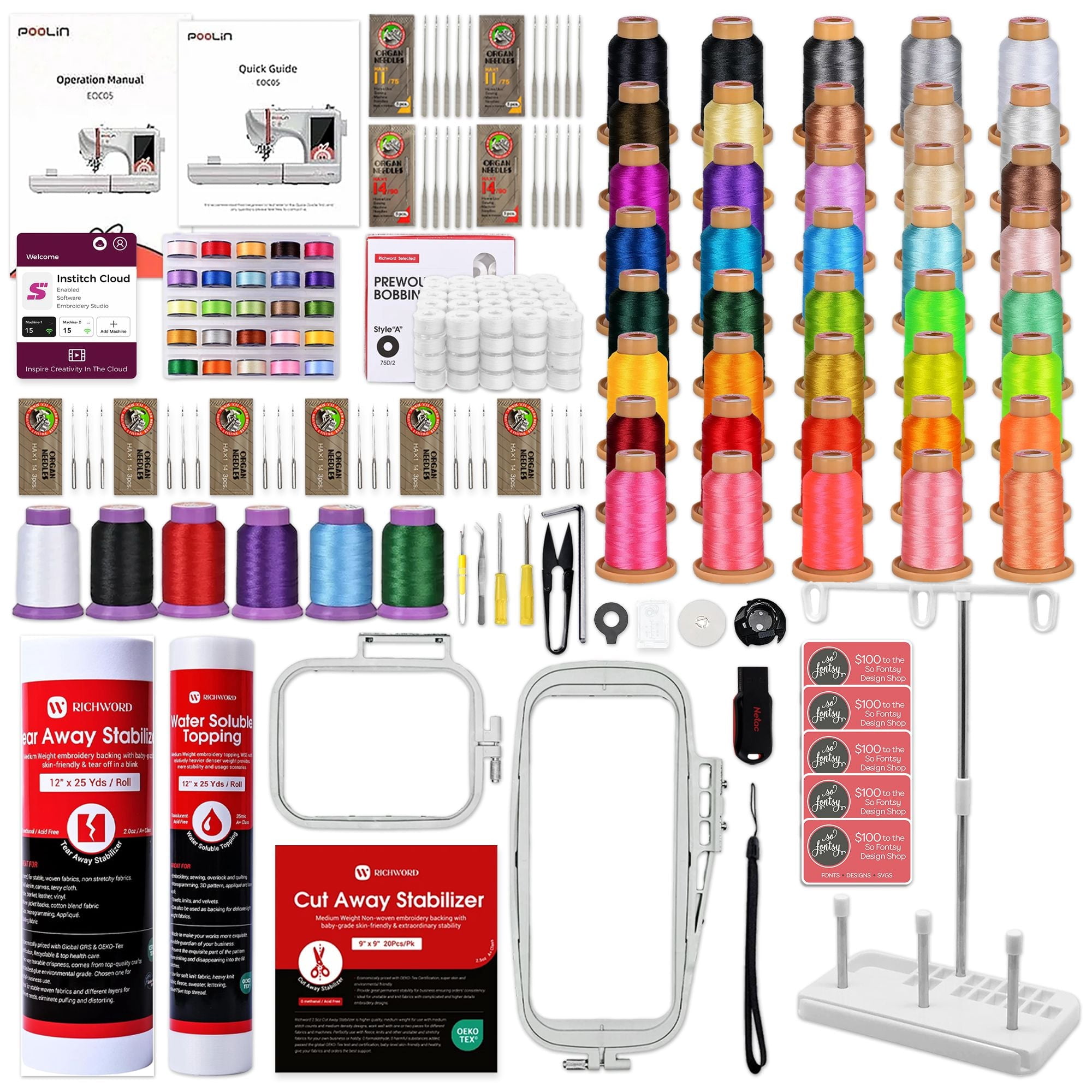 POOLIN EOC05 4in x 9.2in Embroidery Machine with Deluxe Accessory Bundle