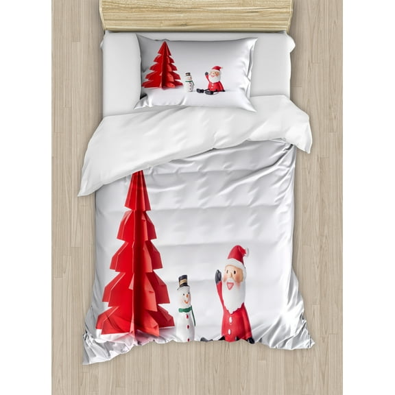 Snowman Duvet Cover Set, Picture of Paper Cut Christmas Tree and a Santa Claus Arranged Print, Decorative 2 Piece Bedding Set with 1 Pillow Shams, Twin Size, Pale Grey and Dark Pink, by Ambesonne