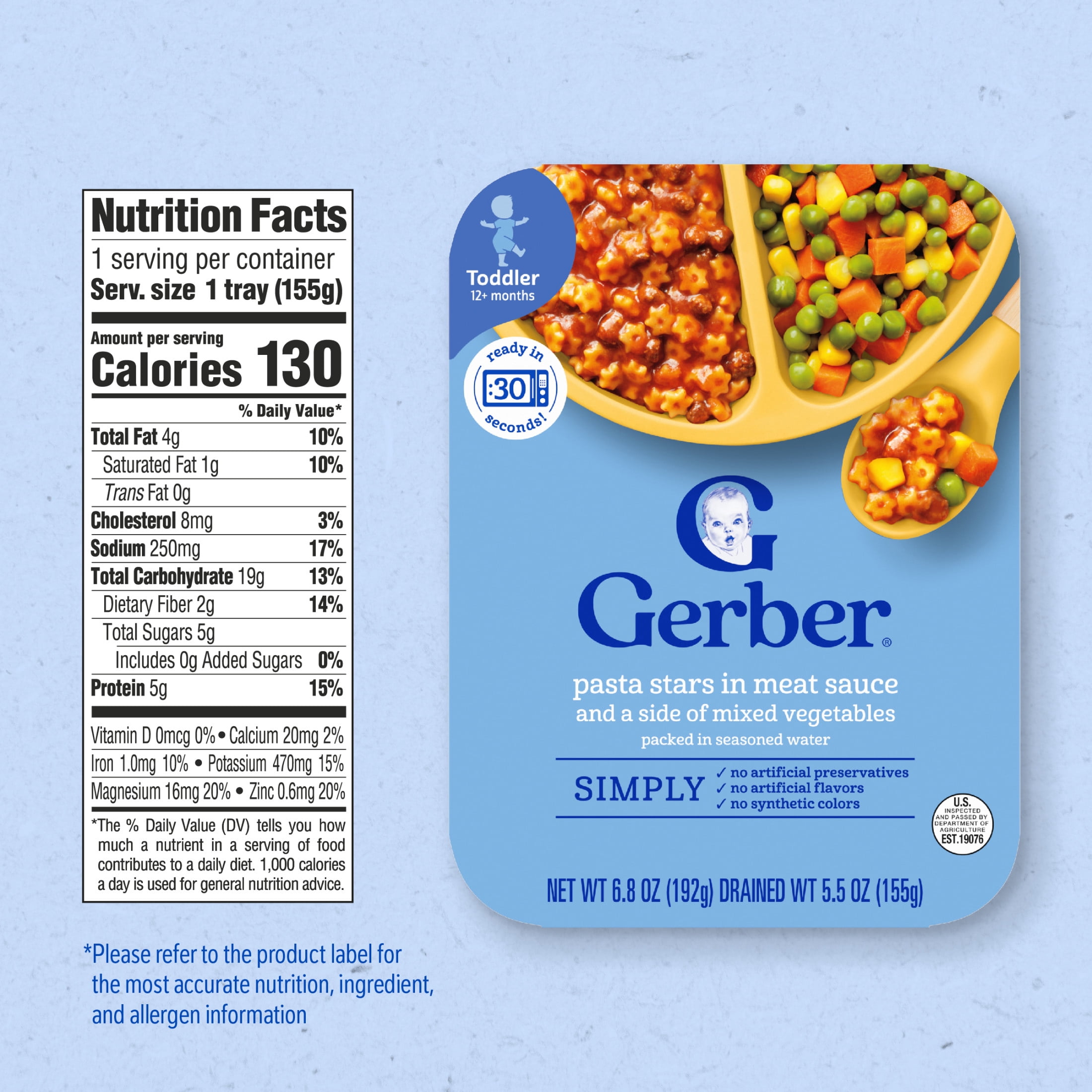 (8 pack) Gerber Mealtime for Toddler, Pasta Stars in Meat Sauce and a side of Mixed Vegetables, Toddler Food, 6.8 oz Tray