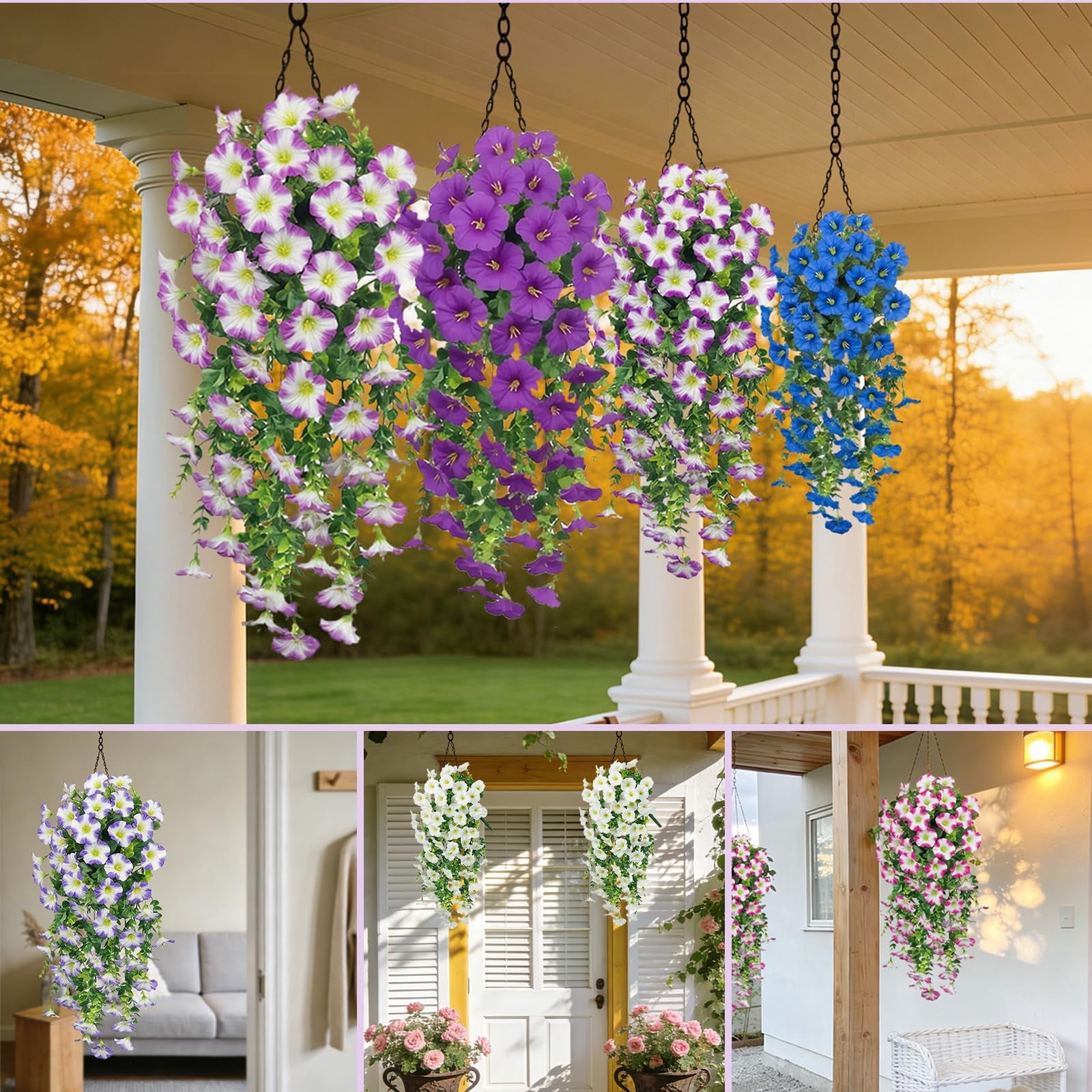 Artificial Hanging Flowers for Outdoors, 6 PCS Silk Morning Glory Artificial Flowers with Eucalyptus Leaves, UV Resistant Fake Flower Realistic Faux Plants for Home Patio Porch Garden0