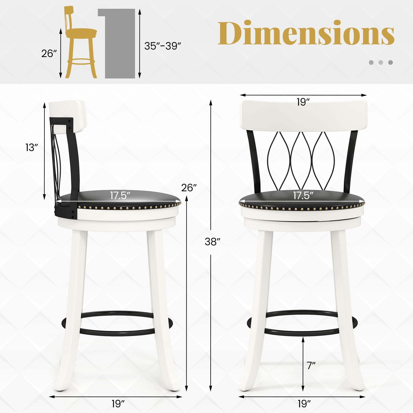Gymax 26'' Set of 2 Bar Stools w/ Footrest Rubber Wood Frame & Tufted Rivets