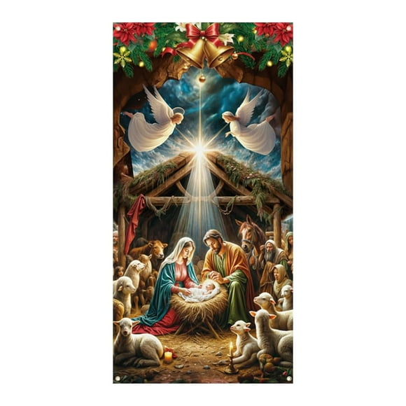 TIELUTT Door Covers for Front Doors Holy Night Scene Fabric Door Cover for Outdoor Christmas Flag Garden Flag for Mailbox Replacement Leopard Banner Happy Birthday Back the Flag Easter Banners for ou