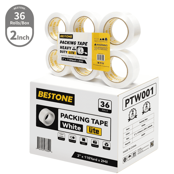 BESTONE Packing Tape, 110 Yds x 2" x 2 Mil Heavy Duty Shipping Moving Tape, White Packaging Tape- 36 Pack,