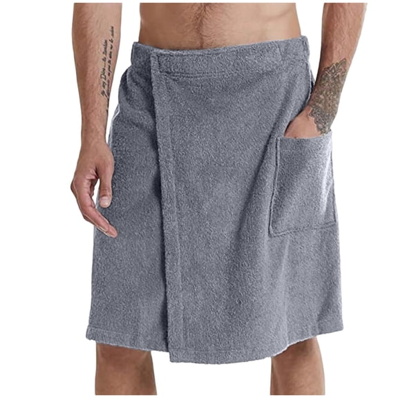 Men Wrap Bath Skirt, Adjustable Waist Towel Wrap with Side Pocket Absorbent Spa Shower Home Cover up Gray Bridesmaid Robes XL