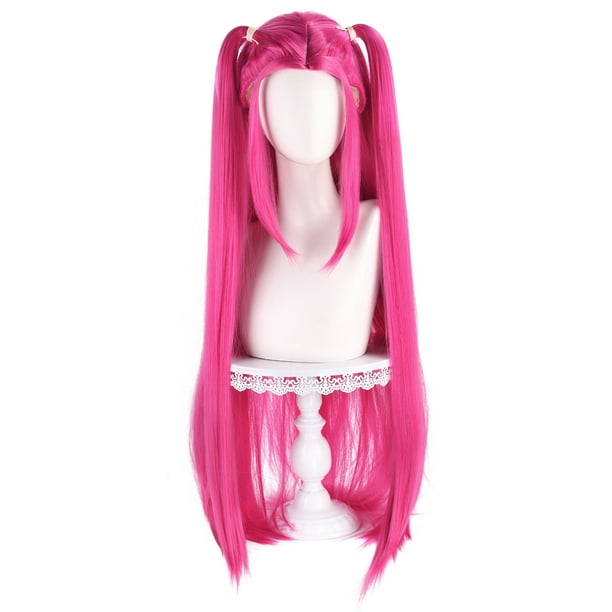 Peluca larga sintética rosa para cosplay de 100 cm con coletas gemelas