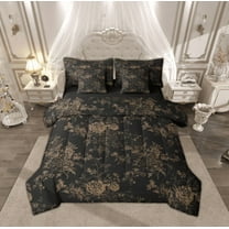 Feelyou Black Gold Flower Bedding Comforter Set 7pcs, Retro French Floral Queen Bedding Sets, Countryside Theme Reversible Queen Sheet Sets, Super Cozy Room Decor