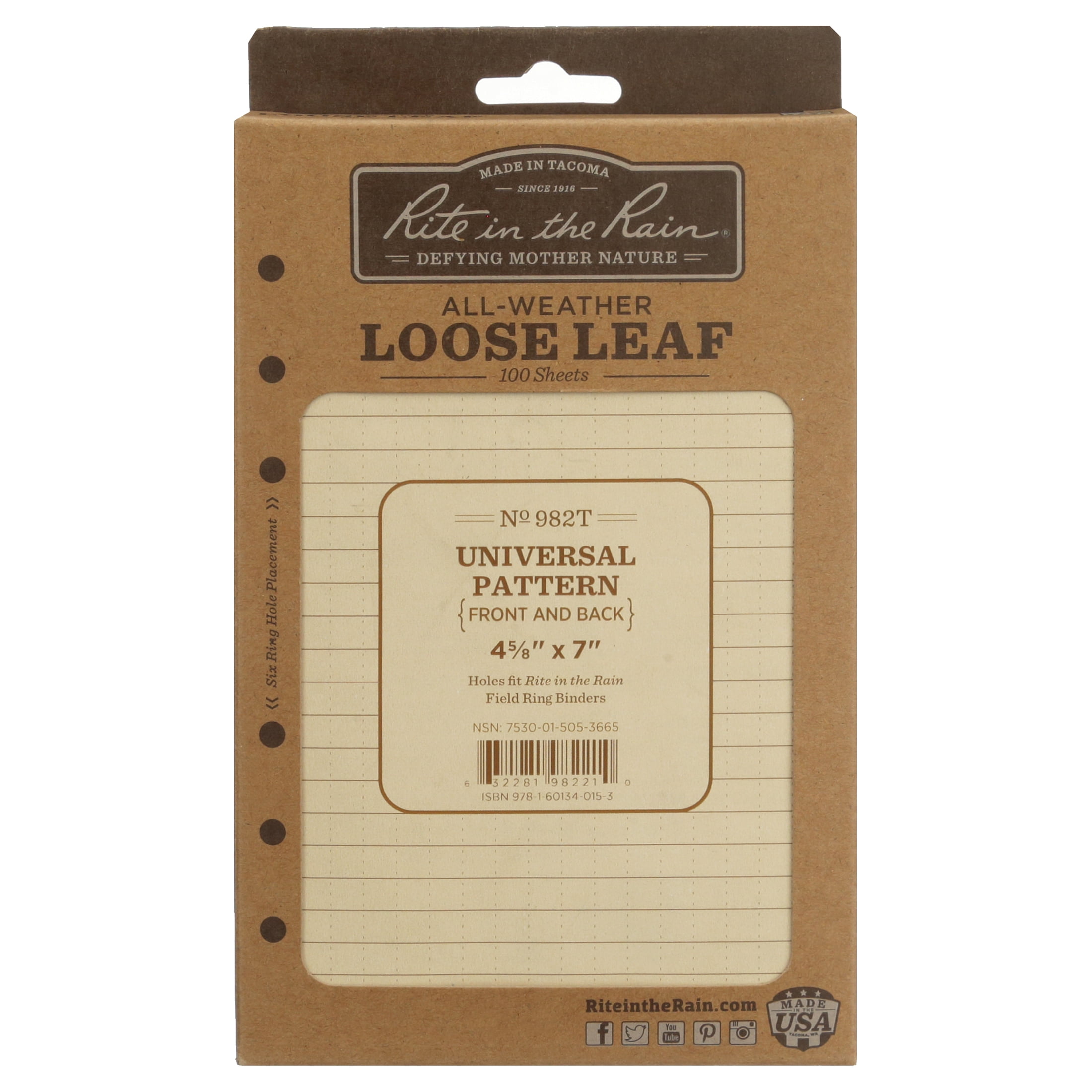 Rite in the Rain Weatherproof Loose Leaf Paper, 4.625" x 7", 32# Tan, Universal Pattern, 100 Sheet Pack (No. 982T)