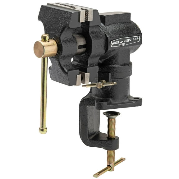 Yost Model 2.5R 2.5" Rotating Jaw Set Head Bench Vise | 2-1/2 Inch Maximum Jaw Width | Clamp On Swivel Base | Built-In Anvil