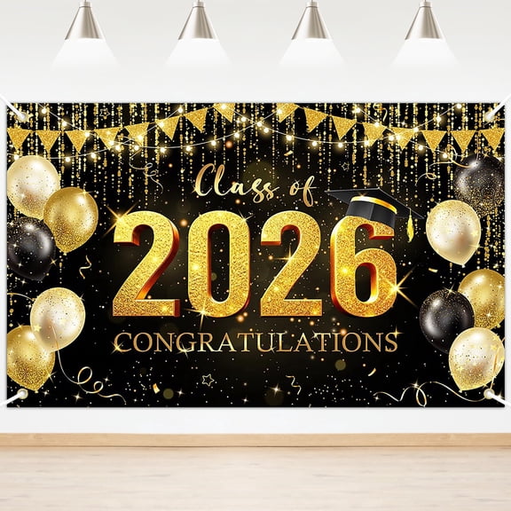 Mocsicka Graduation Backdrop Black Gold Class of 2026 Congratulations Banner Glitter Congrats Grad Photo Backdrop Party Decorations 6x3.6 ft