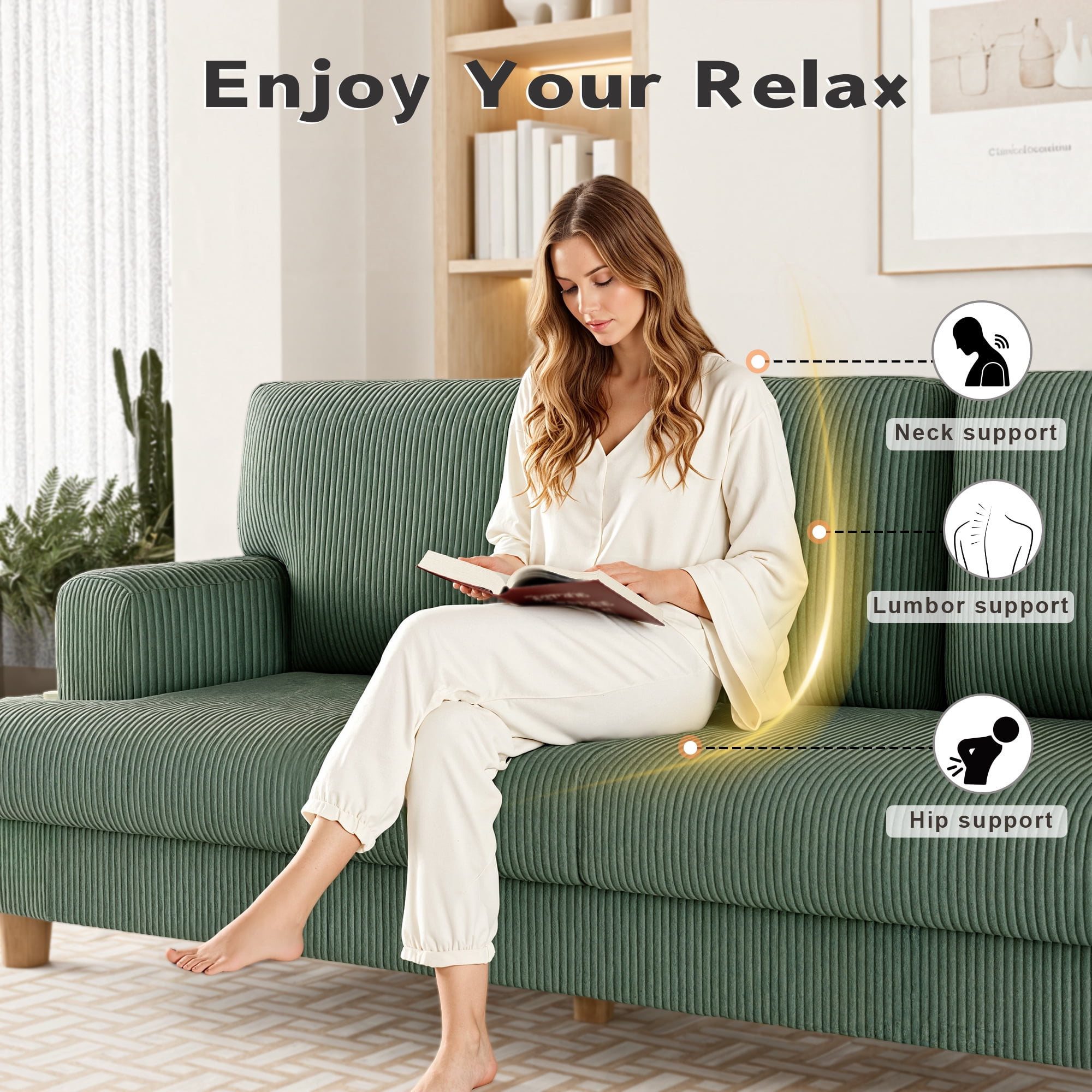 AAQZ 87" Corduroy Sofa Couch for Living Room, 3 Seater Deep Seat Comfy Couch in a Box, 2 Cushions, 2 Pillows Tool-Free Setup,Green