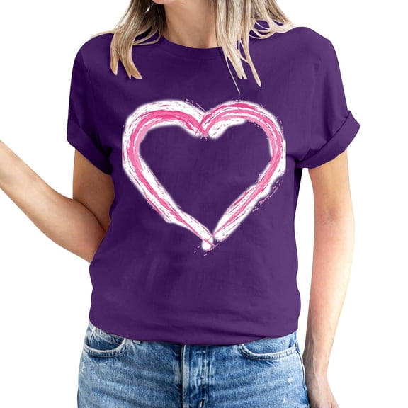 Jewelreauty Women's Valentine's Day Short Sleeve Shirts Heart Print Casual Basic Tee Tunic Crewneck Graphic Blouses Tops (M, Purple)