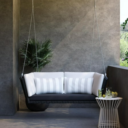 Novogratz Poolside Gossip Collection  Sally Loveseat Swing  Gray Striped Cushion  Black Wicker