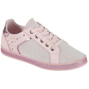 Women Fashion Sneakers Lace Up Two Tone Material Studs Decor Shoes Pink
