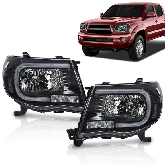 PIT66 LED Tube Projector Headlights Headlamps W/O Bulbs Clear Lens Black Housing Clear Reflector Fit for Toyota Tacoma 2005-2011 8115004163, 8111004163, 8115004173, TO2502157, TO2503157