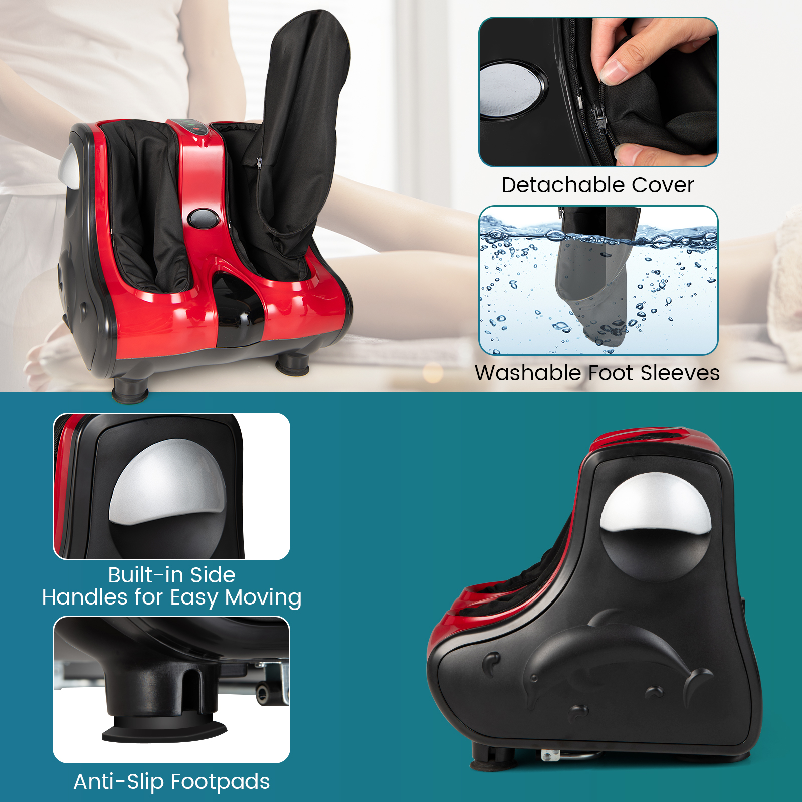 Giantex Foot & Calf Massager, Shiatsu Heated Electric Foot Massager W/ Heating, Deep Kneading & Washable Sleeves, Leg Massager for Relaxation, Foot Pain Relief, Red