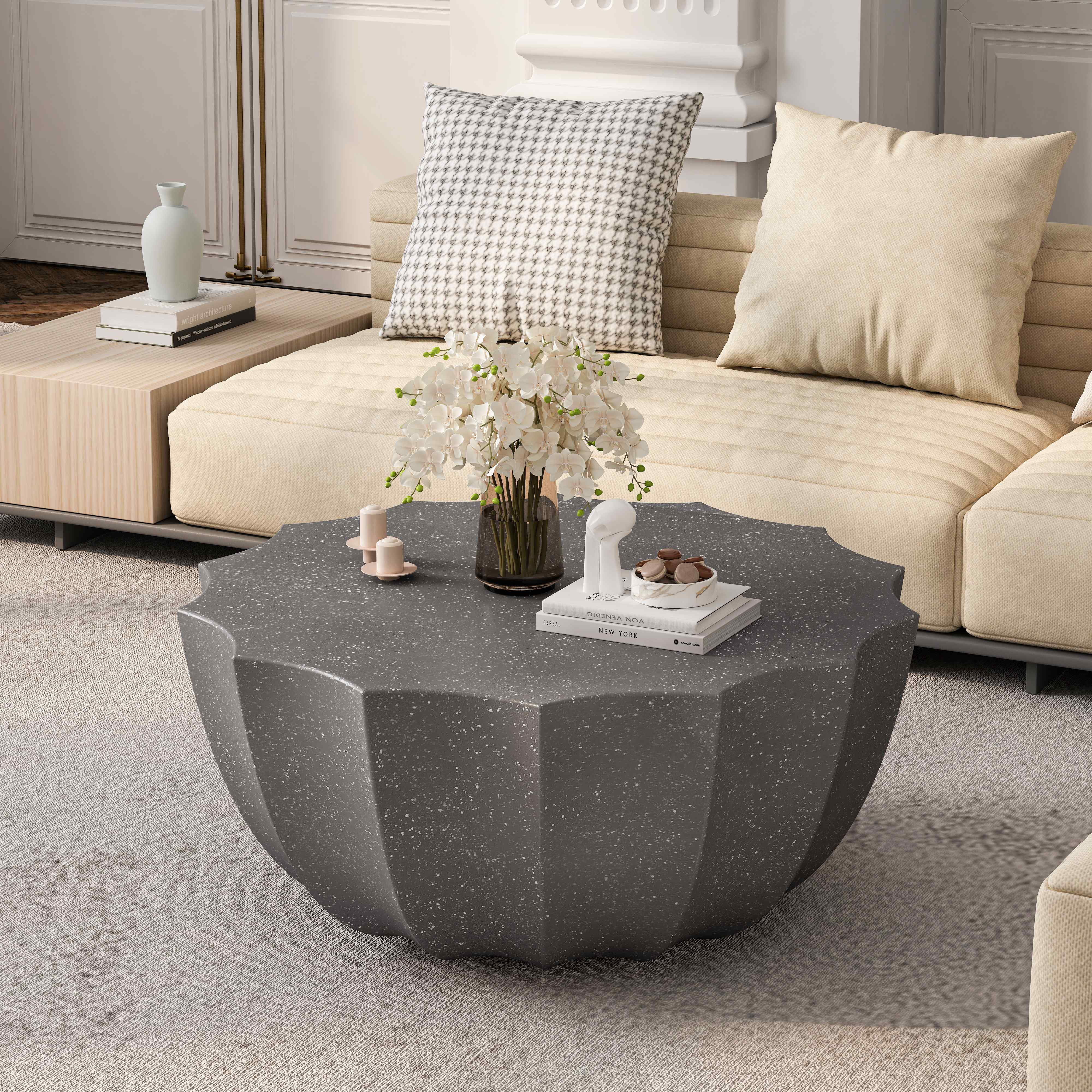 FFH 35.43" Coffee Table for Indoor & Outdoor, Modern Cement Table for Living Room, Patio, Backyards, Gray