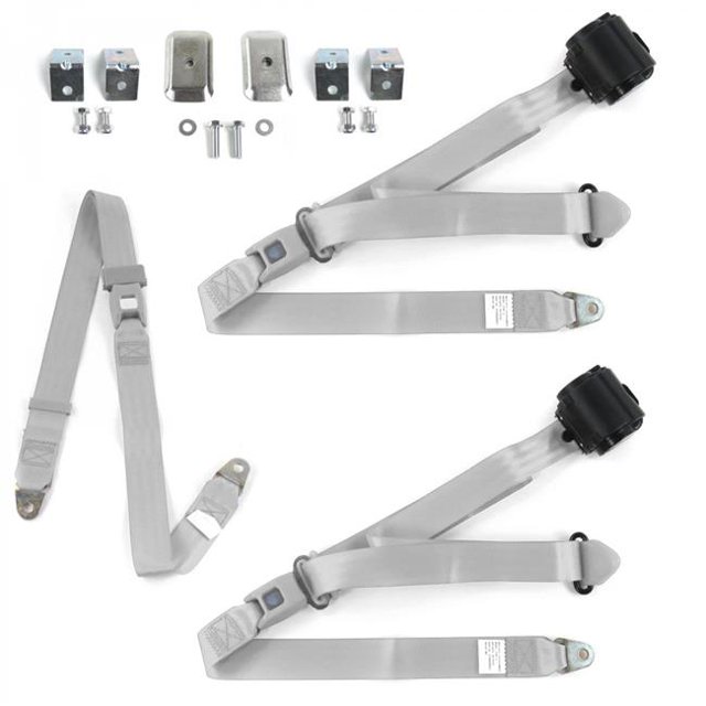 Standard 3 Point Gray Retractable Bench Seat Belt Kit with Bracketry for 1950-1954 Nash Rambler - 3 Belts