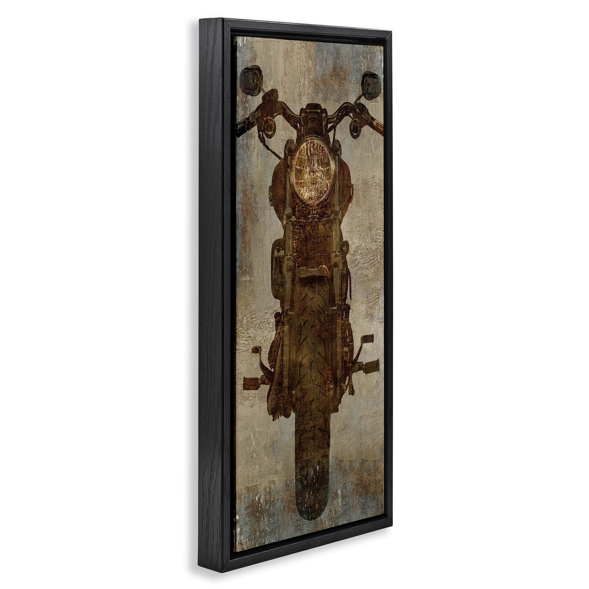 Stupell Industries Motorcycle Silhouette Rustic Pattern Transportation Painting Black Floater Framed Canvas Art Print Wall Art, 15 x 31
