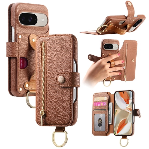 Wallet Case For Google Pixel 9 Pro XL with Zipper Pocket RFID Blocking Card Holder, Premium PU Leather Folio Cover Handle Strap Kickstand with Ring Holder Grip Shockproof Case,Brown