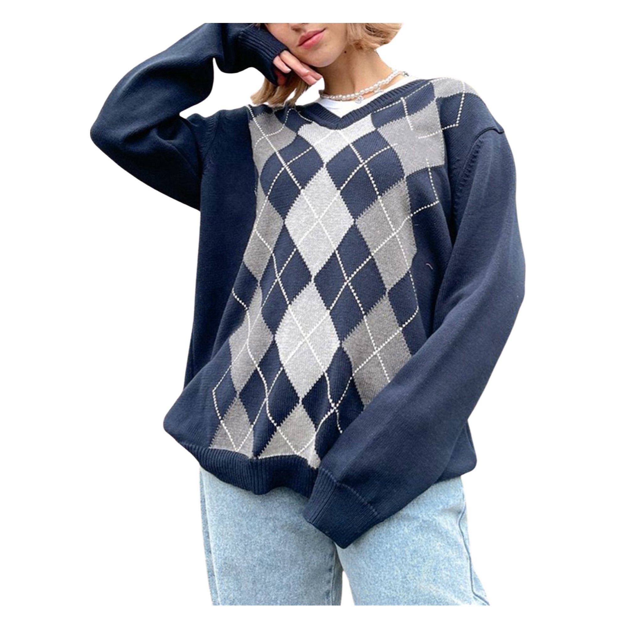 CIYCuIT Women Oversized Sweater Long Sleeve Graphic Print Vintage Sweater  Pullover Preppy Grunge Knitwear - Walmart.com