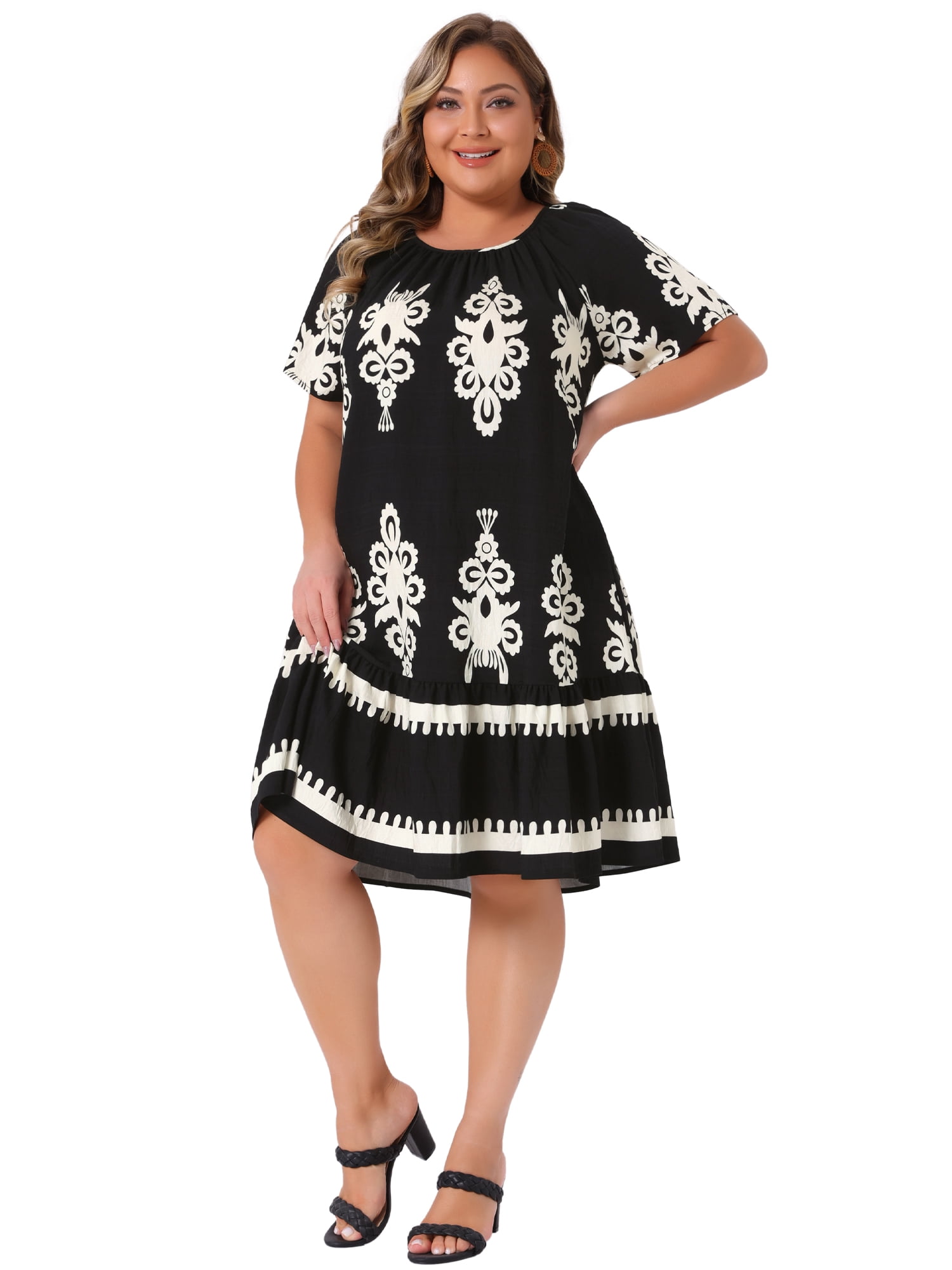 DARING DIVA Plus Size Summer Boho Short Sleeve Flared Midi Dress 3X Black