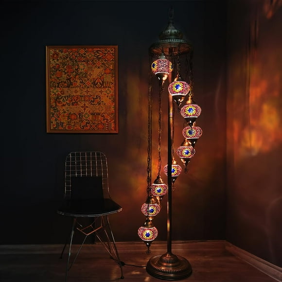 Asylove Turkish Lamp 9 Globe Mosaic Floor Lamp Mosaic Standing Lamp 9 Globe Mosaic Moroccan Lamps Floor Lamp For Decorative Home Designs Offer 5 Inch Globe - Total Height 70 Inch (Fire)