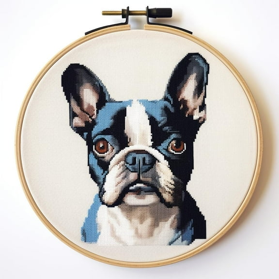Boston Terrier DIY Stamped Cross Stitch Kits for Beginners Easy with Hoop 11CT Needlepoint Embroidery Counted Cross Stitch Kits Art Craft Wall Decor and Gift 35x35cm(2)