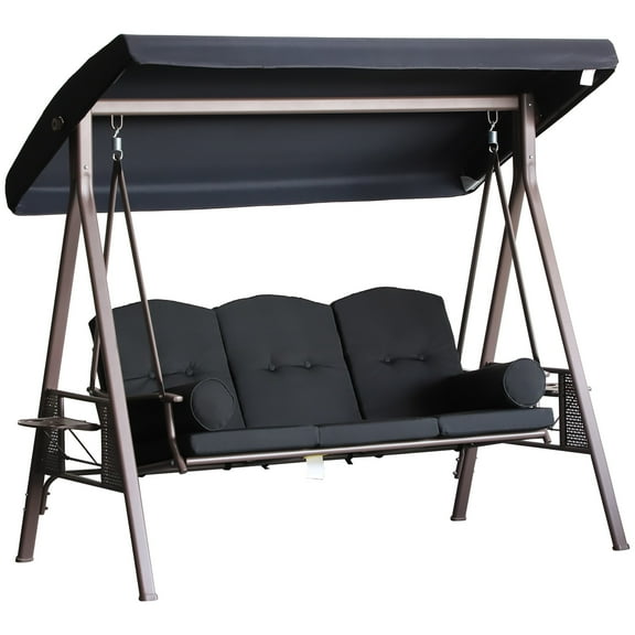 Homiyad Patio Swing 3-Person Steel Canopy Bench with Side Trays Padded Comfort in Black | Aosom.com