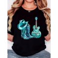 thumbnail image 1 of Women's Vintage-Inspired T-Shirt with Blue Hat, Boots & Guitar Print - Casual Black Tee, Round Neck, Short Sleeve, Comfortable Fit for All Seasons, 1 of 6