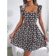 thumbnail image 4 of Women Floral Mini Dress Square Neck Ruffle Shoulder Back Tie A Line Sundress Black S, 4 of 7