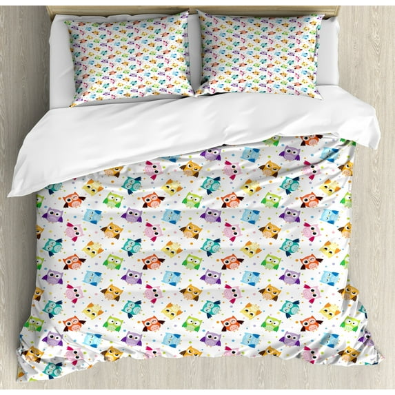 Owls Duvet Cover Set King Size, Cute Confused Funny Angry Sleeping Colorful Characters Dots Humorous Doodle Style, Decorative 3 Piece Bedding Set with 2 Pillow Shams, Multicolor, by Ambesonne