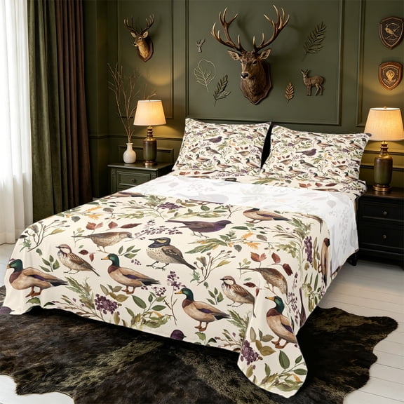 Manfei Green Billed Waterfowl Print Bed Sheets,Vintage Mallard Duck Full Size Sheets,4-Piece,1 Flat Sheet,1 Fitted Sheet and 2 Pillowcases