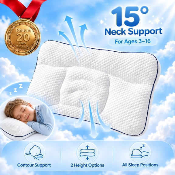 Kids Pillow for Sleeping, 15-Degree Contour Posture Pillow, Neck Support, Ages 3-16