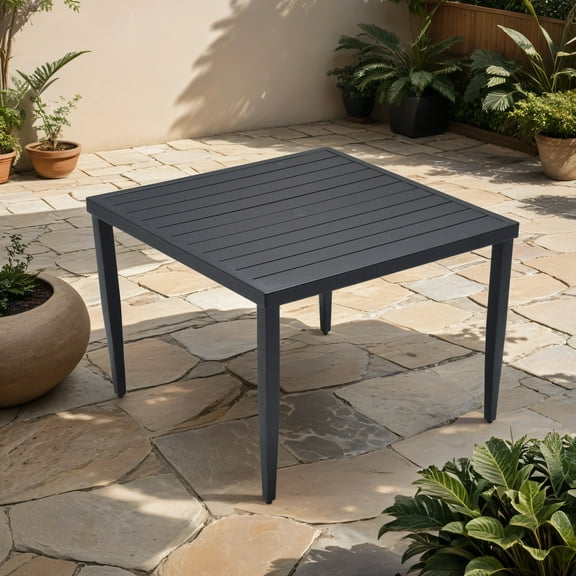 Outdoor Patio Aluminum 40"x40" Square Dining Table with Tapered Feet & Umbrella Hole, Ember Black