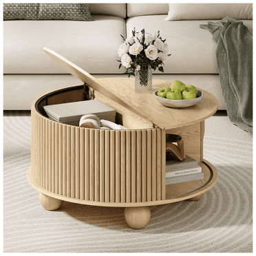 JOINICE Round Coffee Table with Storage,Fluted CENTER Table with Sliding Door,for Living Room,Oak