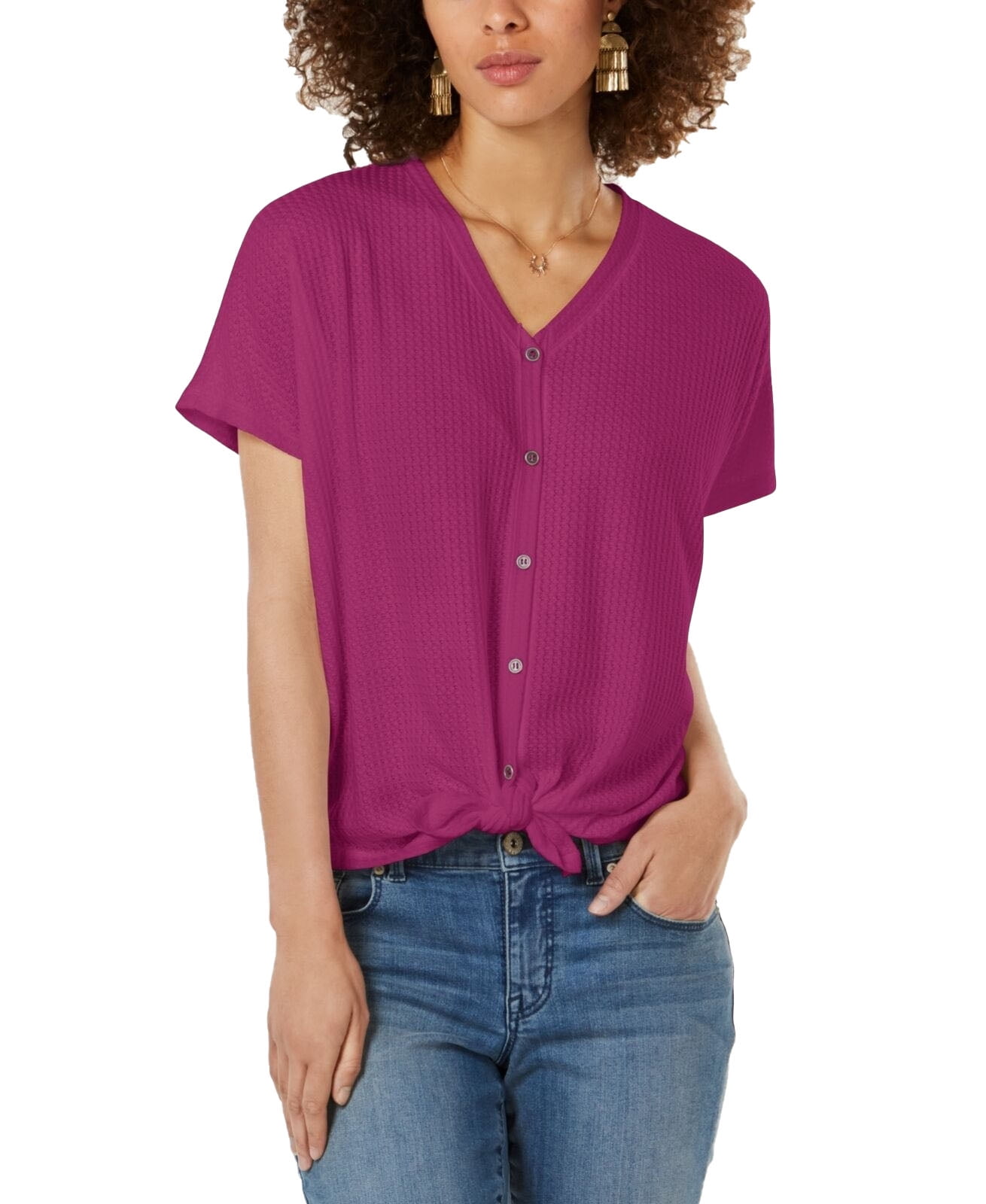 Style & Co. - Style & Co Women's Textured Tie-Hem Shirt Fuchsia Size Large - Walmart.com 