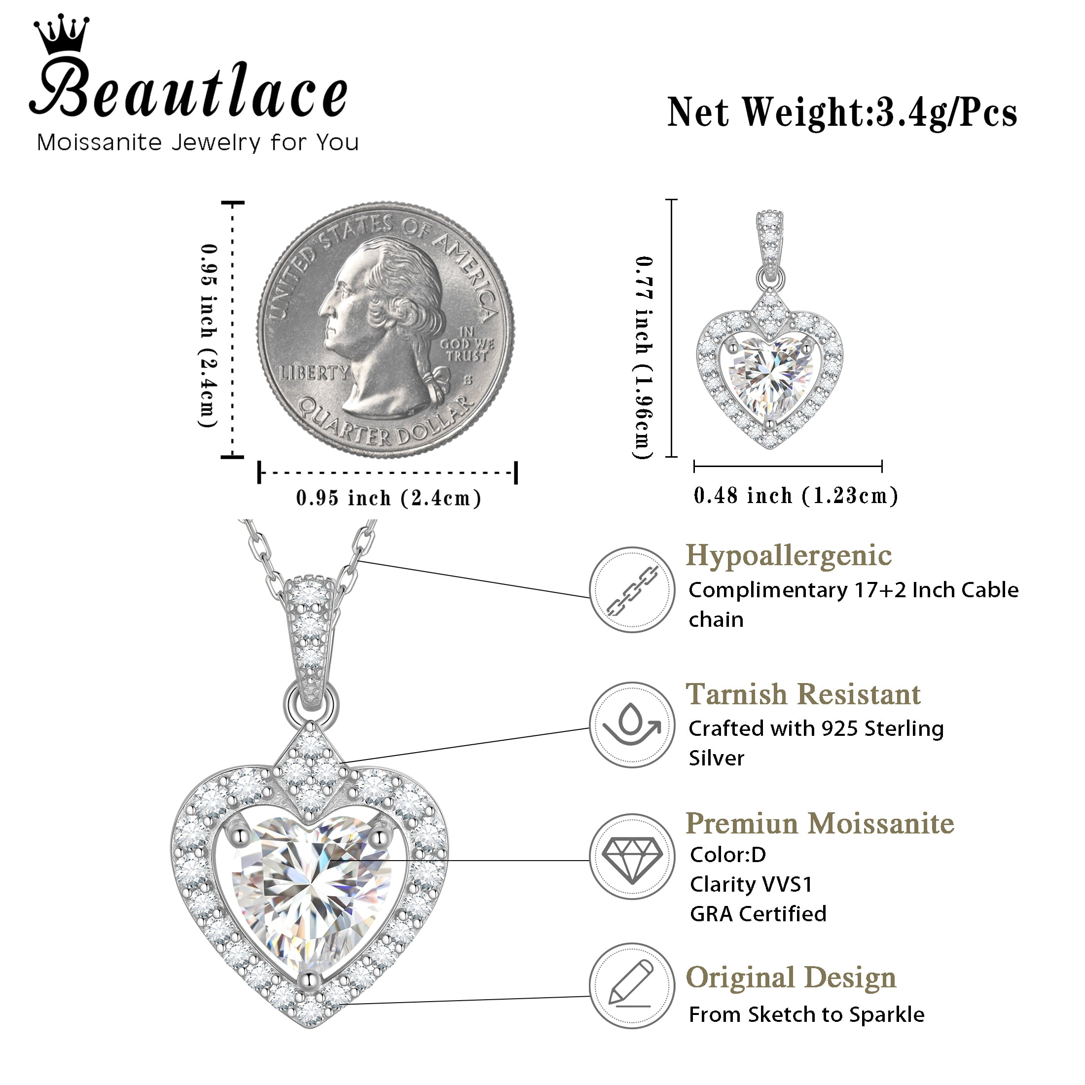 Beautlace 2 Carat Moissanite Necklace for Women,925 Stering Silver D Color VVS1 Heart Pendant Necklace Jewelry Gift for Birthday Christmas Anniversary Wedding