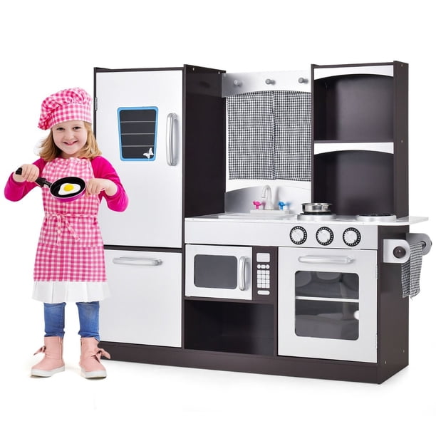 Costway Cocina de Madera de Juguete Infantil con Refrigerador de Juguete Horno Pizarra Estufa de Juego Grifo y Fregadero 105 x 31,5 x 95 cm Café