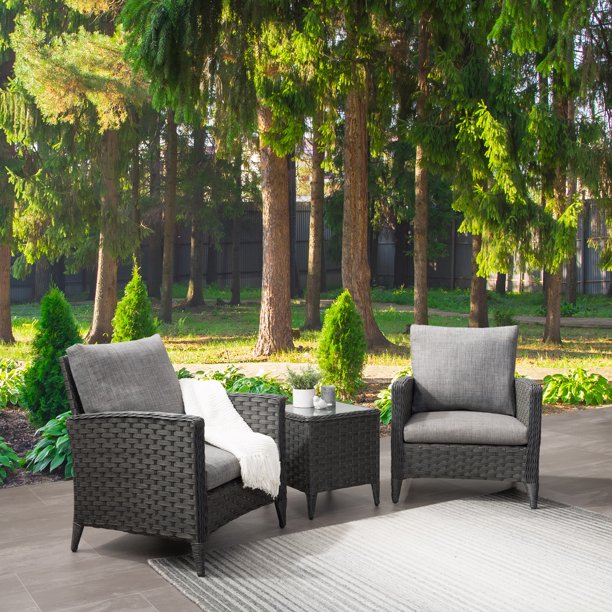 Corliving 3pc Wide Rattan Wicker Chair Patio Set Charcoal Grey Walmart Com Walmart Com