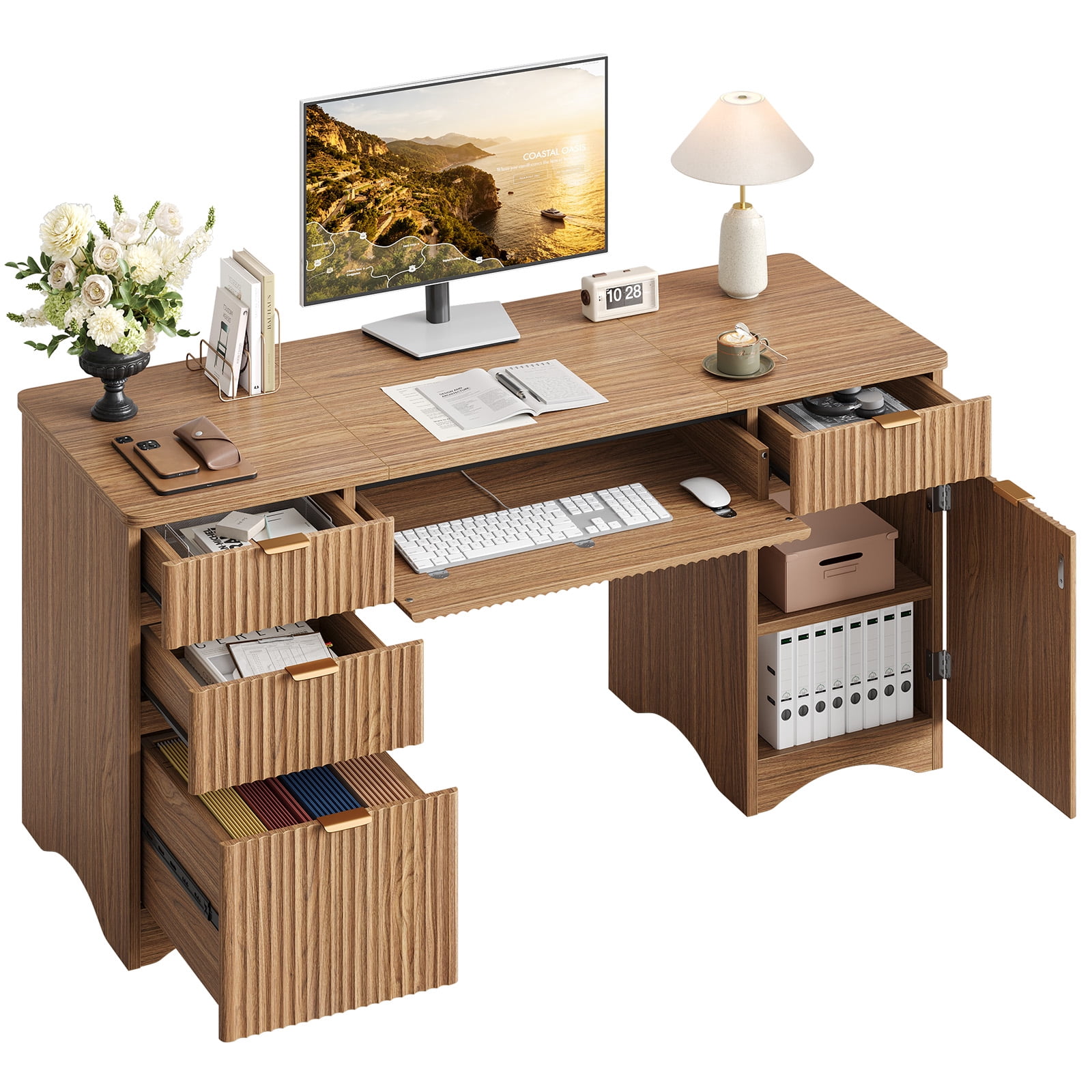 Bestier 63" Executive Desk with Keyboard Tray, Modern Home Office Desk with 4 Drawers & 1 Large Cabinet, Fluted Computer Writing Desk for Study, Living Room, Bedroom, Brown
