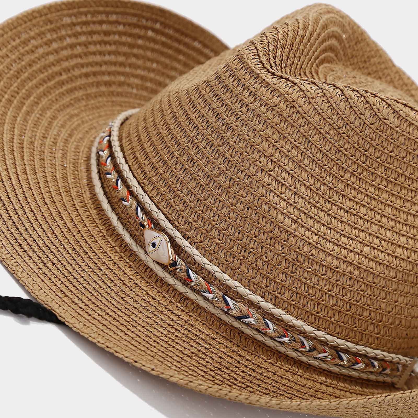Unisex Straw Cowboy Hat Woven Braided Band With Chin Strap 