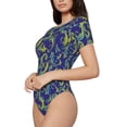 thumbnail image 2 of KLL Women 's Crew Neck Bodysuit Jumpsuits Uncaria Flower Print Short onesies Stretch T Shirts, 2 of 7